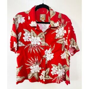 Kylani Bay Womens Red Floral Hawaiian Shirt Short Sleeve Button‎ Up Blouse Sz L